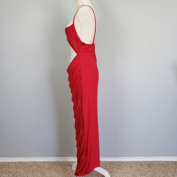 PRETTY LITTLE THING Cut Out Ruched Mesh Maxi Dress Red Sz 14 - Picture 4 of 9